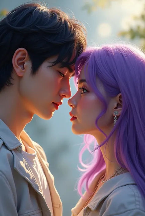 Jungkook from BTS and a girl with purple hair, realistic and detailed 