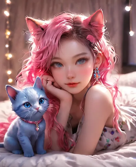 8K，an extremely delicate and beautiful,((full body)),Beautiful and realistic skin,Shiny jewel-like earrings,Bedhead,like glitter pink hair,beautiful blue eyes,(cat pose),asian cute girl,cat ears,