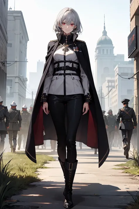 (Confused, High resolution, Very detailed), 1 female, Silver Hair,Shortcuts,Bright red eyes,White and black military uniform,24th generation,beauty,mature,thin,quiet,Calm,A small smile,A kind smile,A shy smile,In front of people you like,Long Cape,Slender ...