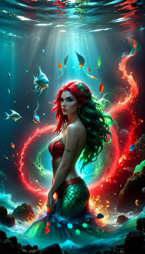 fantasy art, rpg art, a most beautiful siren (casting a red magic runes: 1.4), under the sea, a beautiful siren, blue shell clot...