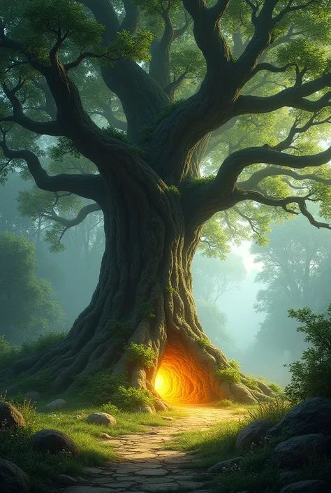 Show a large, majestic tree in a secluded area with a soft glow underneath it, indicating the buried treasure.