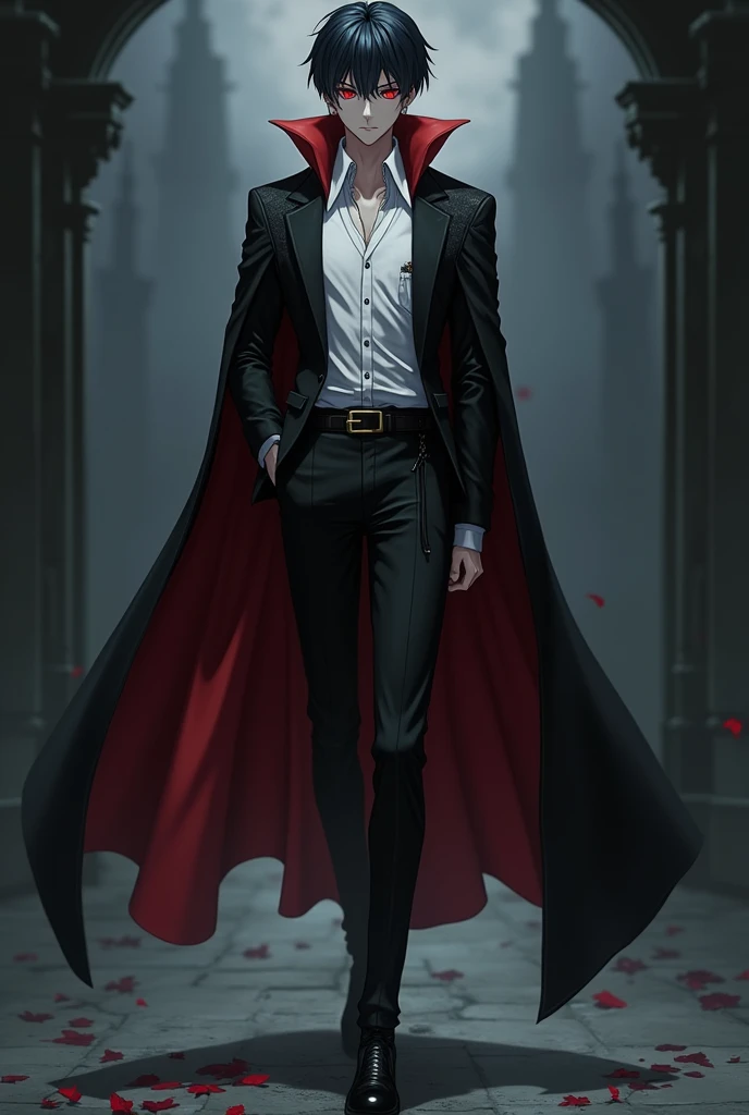 Male, Anime, Vampire, Short black hair, Pale skin, Red eyes, Black cape, Black jacket, White long-sleeved shirt, Black trousers, Black boots