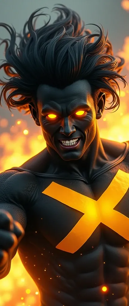 A man of 2, He wears a black and yellow superhero uniform with a large yellow X on his chest., his eyes glow yellow like fire, he has medium length wavy hair, his skin is black like vantablack ink, skin painted completely black, he is in action as if he we...