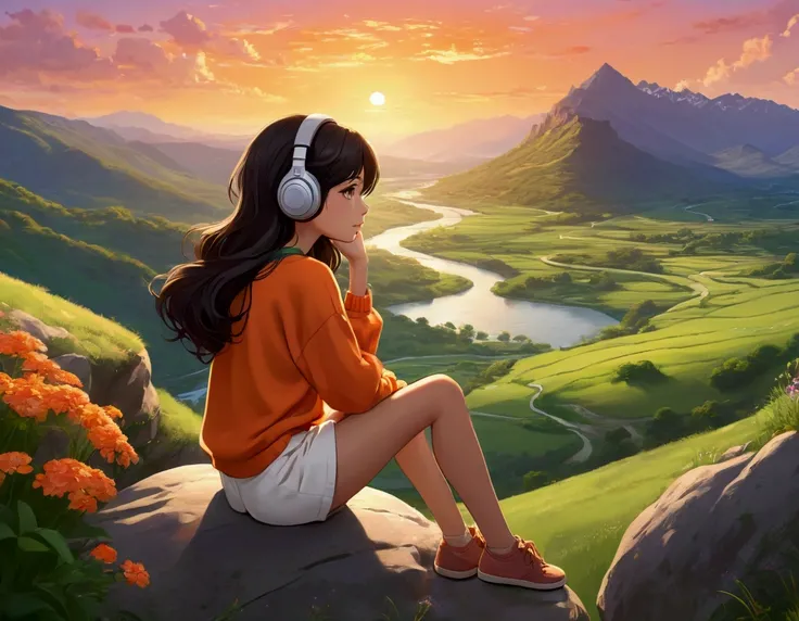 A serene and vibrant anime-style illustration of a young girl sitting on a rock, overlooking a breathtaking valley with a winding river below. She has long dark hair and is wearing an orange sweater with white shorts, paired with brown shoes. The girl is l...