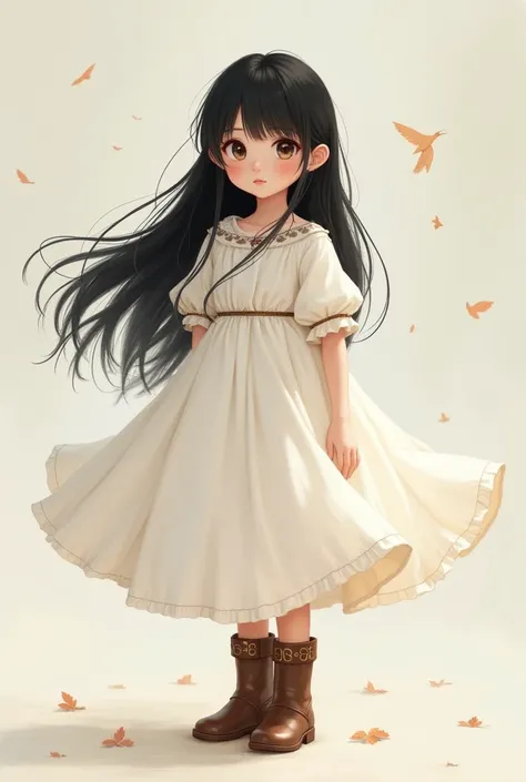 A black-haired child wearing a white dress and brown boots