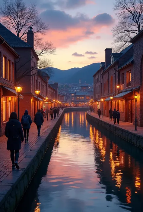 At dusk、A stroll along the canal in Otaru。Historic brick warehouses line the canal、Gas lamps begin to light along the cobblestone streets。The water surface is calm、The light from the warehouses and gas lamps is reflected gently.。Tourists and couples stroll...