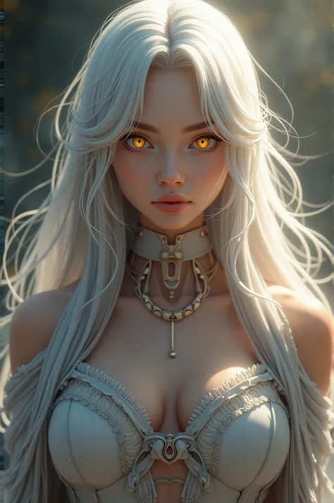 attack on Titan A woman with long white hair reaching her middle back, golden eyes, and a face as beautiful as a well-crafted goddess.  