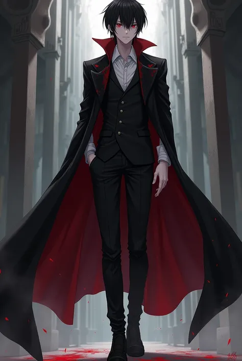 Male, Anime, Vampire, Short, Short black hair, Pale skin, Red eyes, Black cape, Black jacket, White long-sleeved shirt, Black trousers, Black boots