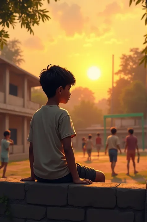 Indian boy sit on wall and seeing government school playground sunset