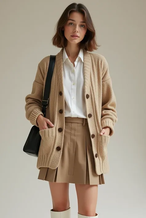 “This image features a woman dressed in a sophisticated autumn/winter outfit. She is wearing a white collared shirt layered with a warm beige cardigan. The cardigan has buttons on the front, and the sleeves are rolled up to reveal the cuffs of the white sh...