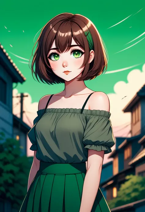 an anime styled girl with a bob cut, brown hair and green eyes, wearing a skirt and an off the shoulder top. with a lofi style a...