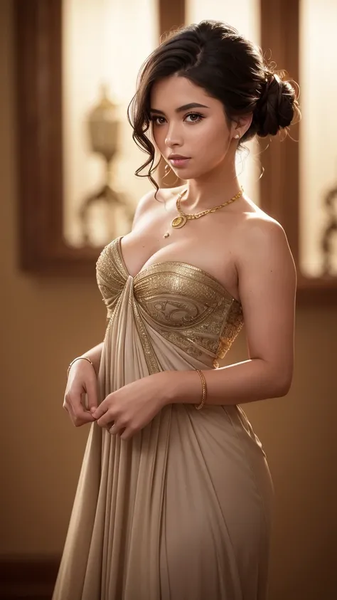 wavy dark hair, elegant updo hairstyle, strapless clothing, gold necklace, intricate background with soft indoor lighting, subtle shadows, formal atmosphere, medium shot, front view. shot on Sony A7S III, f/ 9. 0, 1/ 500, sharp focus 64k unsaturated, maste...