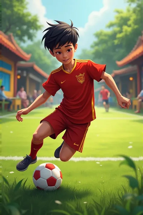 handsome boy playing football vietnamese