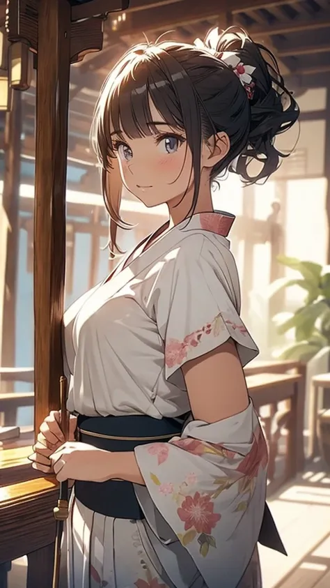 masterpiece, Highest quality,Super detailed,girl,ponytail,Are standing,Stylish angle,Small breasts,Short sleeve,,Bow and Arrow,breastplate,Round Target,Targeting(breastplate),In the same way,kimono,Japanese Dojo, 