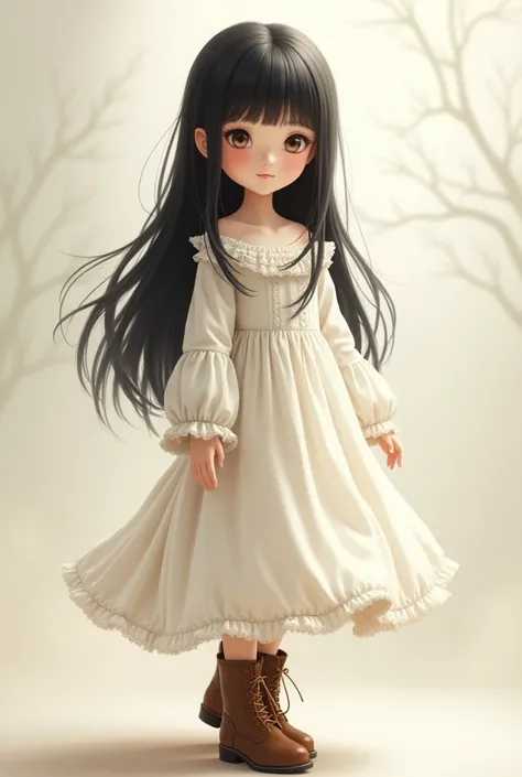 A black-haired child wearing a white dress and brown boots