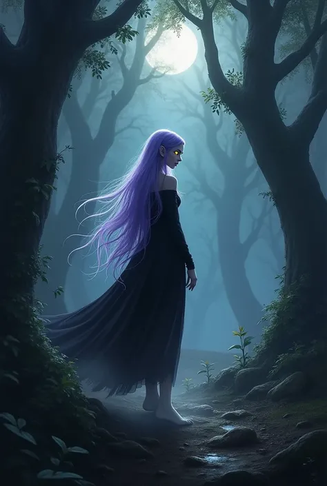 A moon elf with milky white skin, violet hair and yellow eyes, walking in a dark forest, wearing black clothes