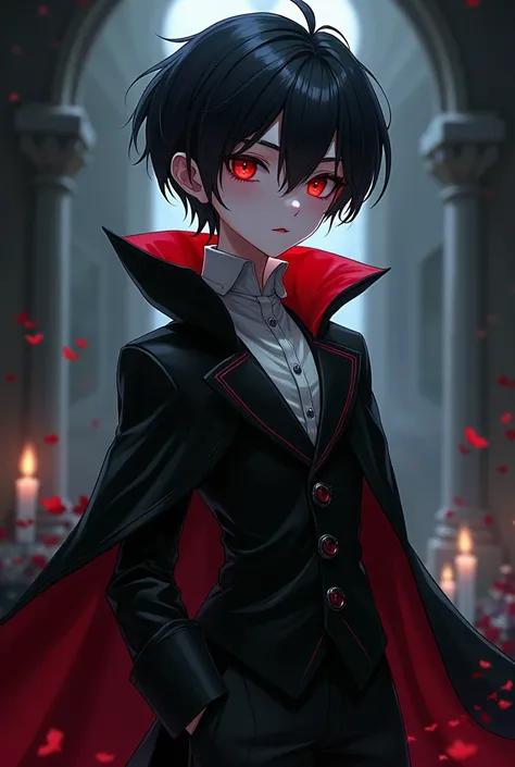 Male, Anime, Vampire, Short height, Cute-looking, Short black hair, Pale skin, Red eyes, Black cape, Black jacket, White long-sleeved shirt, Black trousers, Black boots