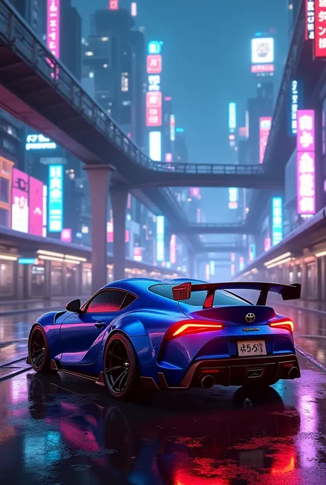 Supra mk4 in cyberpunk city with neon light in night time