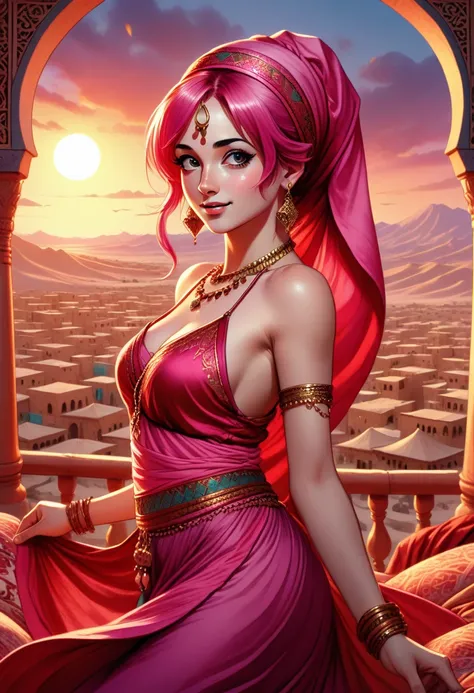 ultra detailed illustration of pink hair ponytail top not flamboyant handmaiden wearing a pink red belly dancer dress, wearing r...