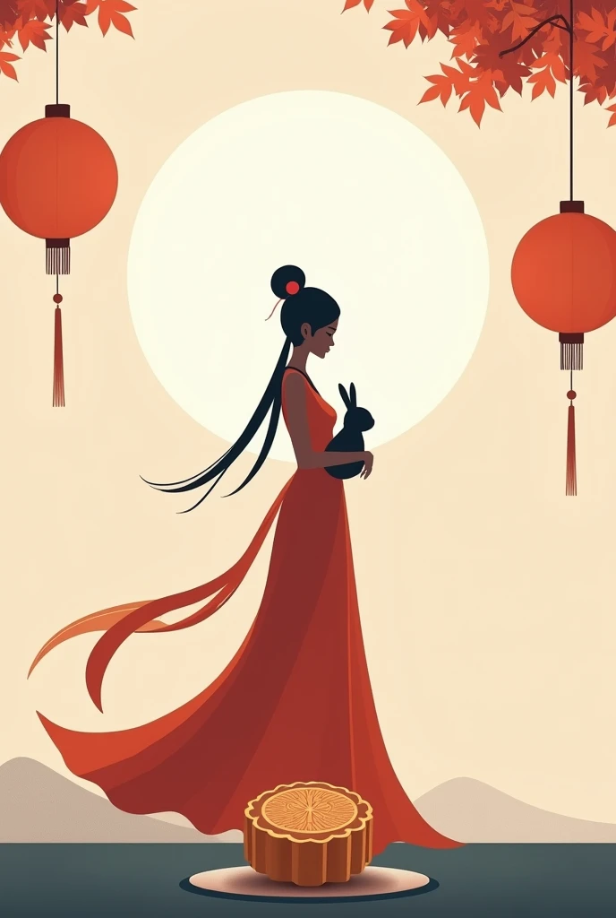 Design a Mid-Autumn Festival poster in a modern, minimalist style. The poster features clean lines and simple shapes. A large, stylized full moon is centered, with a sleek silhouette of Chang’e holding a small rabbit next to it. A few modern lanterns hang ...