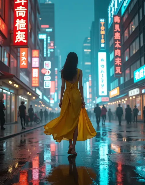 Young woman Asian-looking girl in a yellow dress standing in the middle of a wet street with the lights of neon signs reflected in it in a futuristic Asian neighborhood