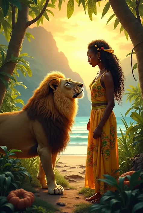 Create an image of a lion greeting a black woman and man, pet a lion in reggae colors, rot, yellow and green, forst, sunset,  beachfront