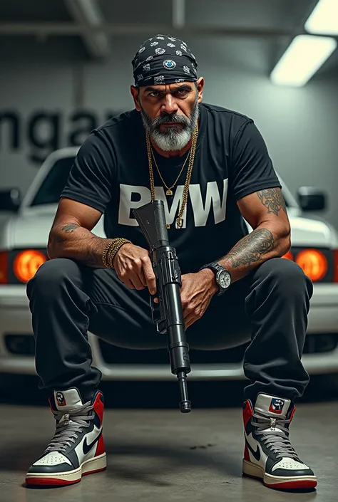 Gangster with bandana,bmw tshirt,gun in the hand,jordan shoe,angarage text on the wall,manga,anime