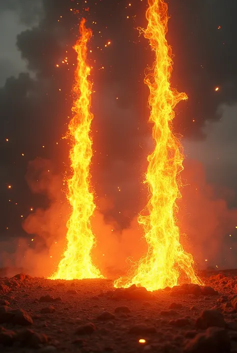  two fire slashes 5 meters long 5 meters high and 1 meter thick each shows the slashes that are moving and are on the ground. les slash sont lancer vers lavant et a parcouru 3metre et les slash sont epais