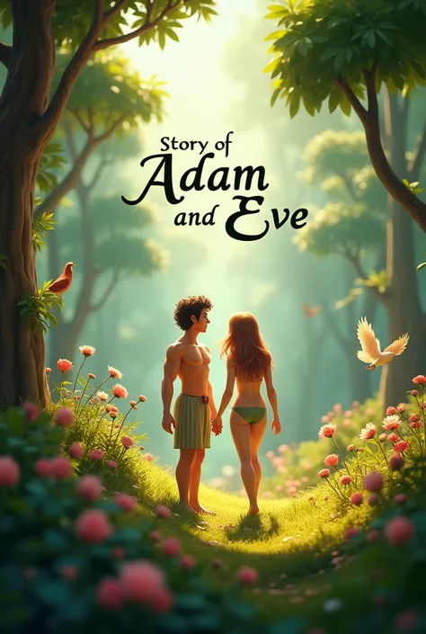 Generate an animated image of Adam and Eve in the garden and write a text on the image "story of Adam and Eve" 