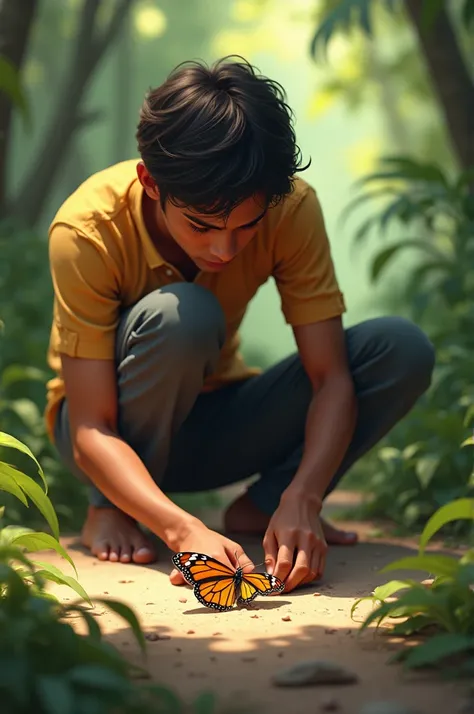 **Scene 3: Discovery of the Injured Butterfly**
   - Depict Mohan kneeling down with a concerned look as he gently discovers a butterfly with damaged wings on the ground