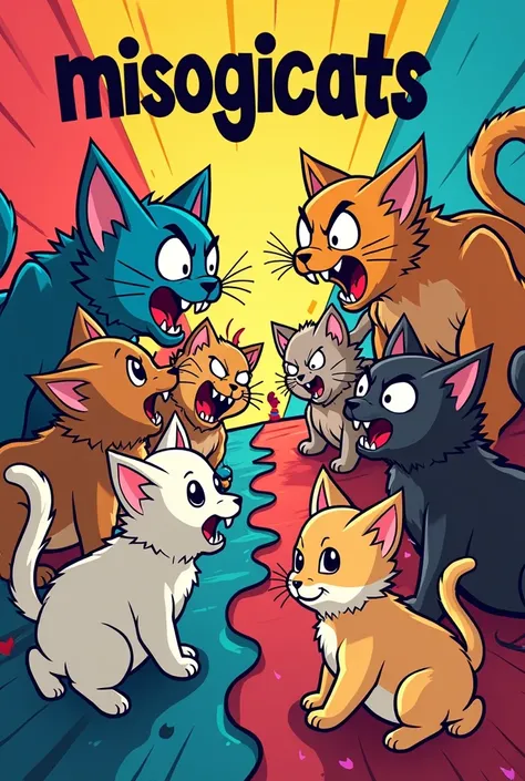 A cartoonish and colorful image with 7 angry, muscular kittens, 5 cute kittens with MisogiCats written in the middle
