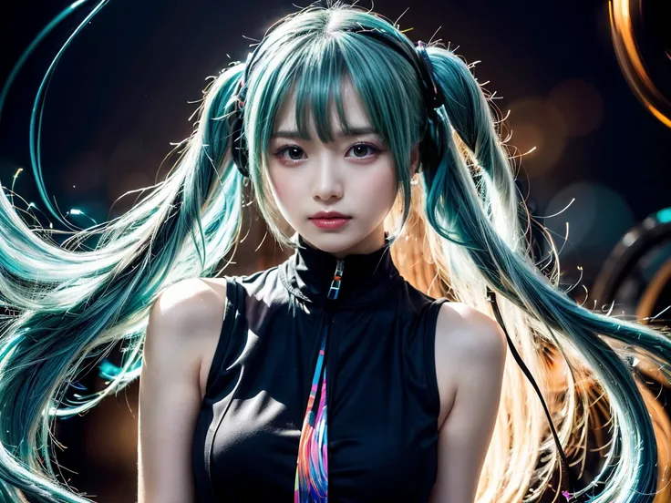 (masterpiece, Highest quality, High resolution:1.2), (Complex and beautiful:1.2), (Detailed light:1.2), (colorful, Dynamic Angle), Upper Body Shot, Cute Fashion Photography, Intense long hair, (hatsune miku), , Dynamic pose, stroking hair、Soft moonlight, (...