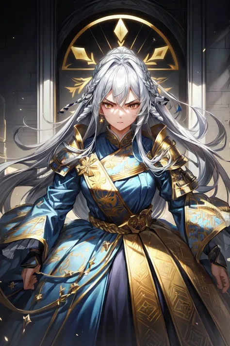 earing armor One adult female, wearing light armor, wearing blue dress, Long Hair, silver hair, straight hair, golden Eyes, Light makeup, tite waist, full body, hair over eye, Intense anger, mole under eye, tareme, anime, cinematic lighting, cowboy shot, U...