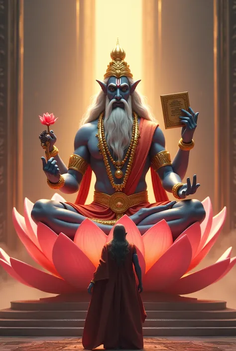 In cinematic 3d style,,
Cherector;
Brahma ji has three heads, four hands, in one hand he has a book, in one hand he has a lotus flower, in one hand he has a Mitra trident, that is a big lotus flower, he is sitting on it, he has a white forehead and has whi...