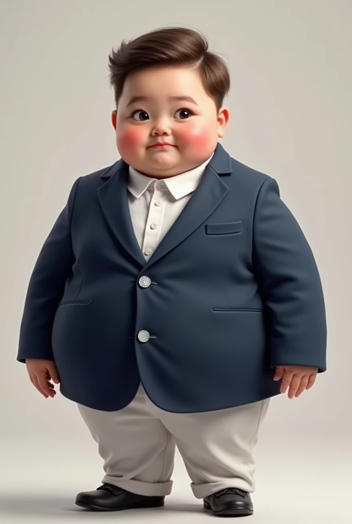 A boy who is overweight wearing a blue blazer and a white shirt with white formal pant 