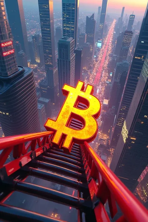 Bitcoin symbol riding a steep downward roller coaster, digital art style, vibrant colors, financial district skyline in the background