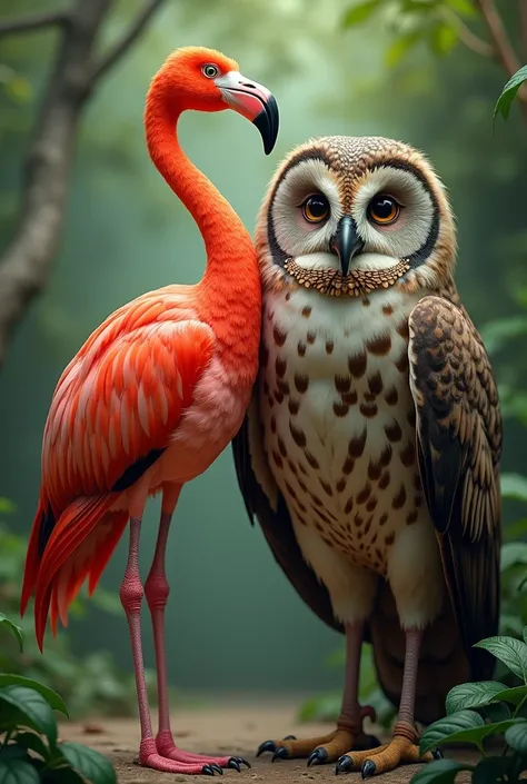 Flamingo standing next to an owl