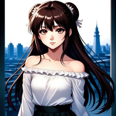 a young girl with long dark-brown hair and straight bangs, fair skin, and a slim build. on her face she has a large scar similar...