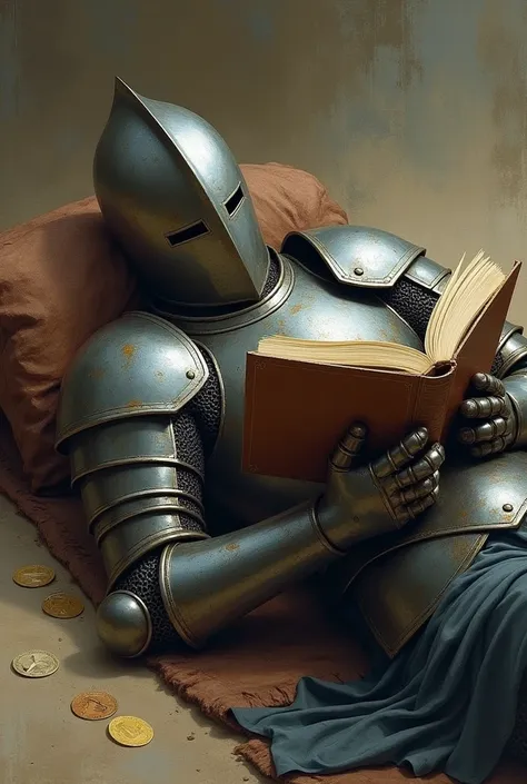 À kngiht lying on his stomach on the ground like in a sleepy position  the kngihts face is covered  in  armour  shouldnt be that shiny the knight is readjng a book which is old and has tears in it