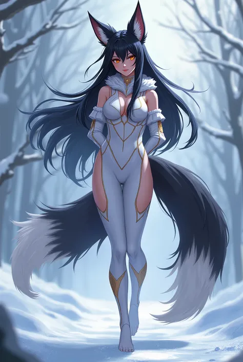 ahri, ahri_(league_of_legends), 1girl, absurdres, animal_ears, black_hair, detached_sleeves, distr, facial_mark, fox_ears, fox_tail, hand_up, highres, league_of_legends, long_hair, snowsuit, magic, multiple_tails, white_tails, orange_eyes, parted_lips, sol...