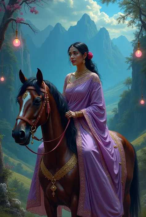 a painting of full saree and blouse costume a woman sitting on a horse A magical realm filled with intricately designed, hyperrealism and landscapes, softly blacklight by mystical orbs