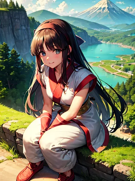 Nakoruru, long hair, black hair, hair bow, hairband, flat chest,ainu clothes, japanese clothes, short sleeves, pants, fingerless gloves, red footwear, wide pants,
uncensored,1girl, Expressiveh,
looking at viewer,
outdoors, mountain, Nature, day, (lake:0.8)...