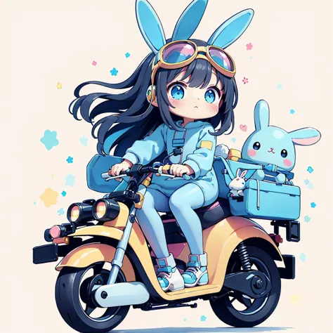 Perfect Anatomy、Highest quality、Masterpiece、Blue rabbit costume、Big goggles on your head、A cute, futuristic scooter in pastel colors、A cutely designed rider suit、White background、Poster,Blue rabbit costume、kawaii tech,