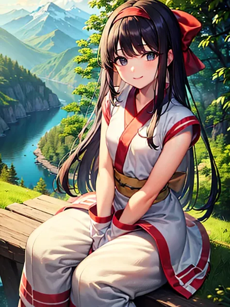 long hair, black hair, hair bow, hairband, flat chest,ainu clothes, japanese clothes, short sleeves, pants, fingerless gloves, red footwear, wide pants,
uncensored,1girl, Expressiveh,
looking at viewer,
outdoors, mountain, Nature, day, (lake:0.8),  grassla...