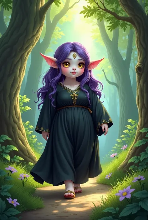 A white-skinned moon elf, dark violet hair and golden eyes, chubby body, walking in a forest, wearing black clothes