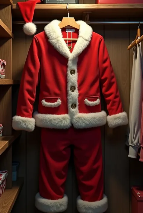 Realistic 3d Santa Claus clothes hanging on hanger in a closet