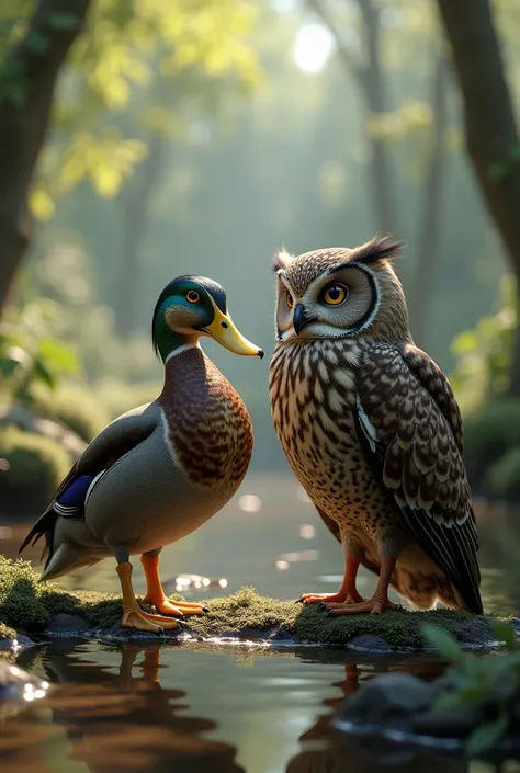  Realistic pictures of a duck standing next to an owl