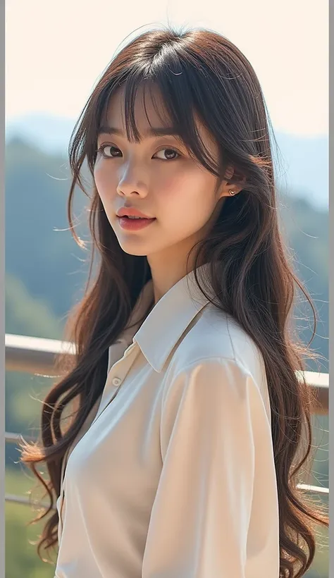 Beautiful Chinese female model in a photo。She has delicate facial features，Delicate skin and long hair。Wearing a white shirt with a grey skirt，Sit under bright lights，Take photos for Instagram。Live screenshot of an Asian girl wearing a white shirt and grey...