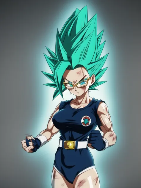 dbsuper style, 
Girl, green aura, super saiyan aura, belt, cyan hair, huge hair, bruise, bruise on face, clenched hands, frown, glasses, gloves, blue eyes, grey gloves, injury, medium breasts, soft muscular, solo, spiked hair, super saiyan, super saiyan 4,...