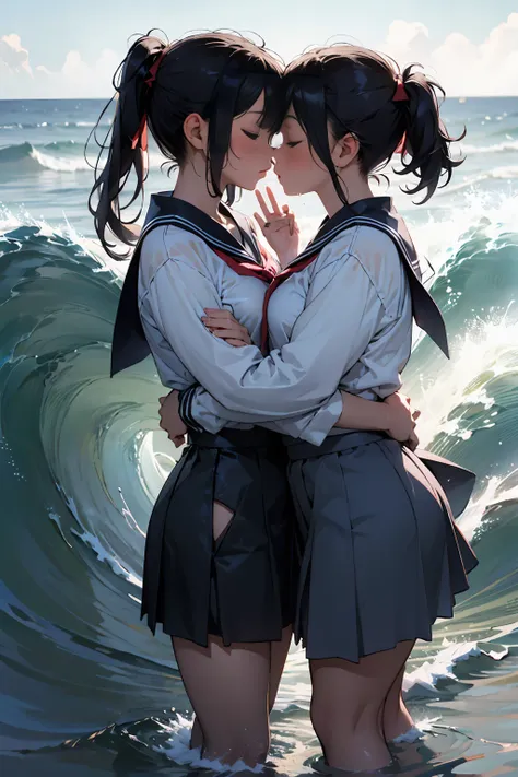 2 girls, 傘もささずにheavy rainの中抱き合う二人, kissing, kiss each other, close your eyes, ocean, wavy, big wave, heavy rain, soaked, sailor ...